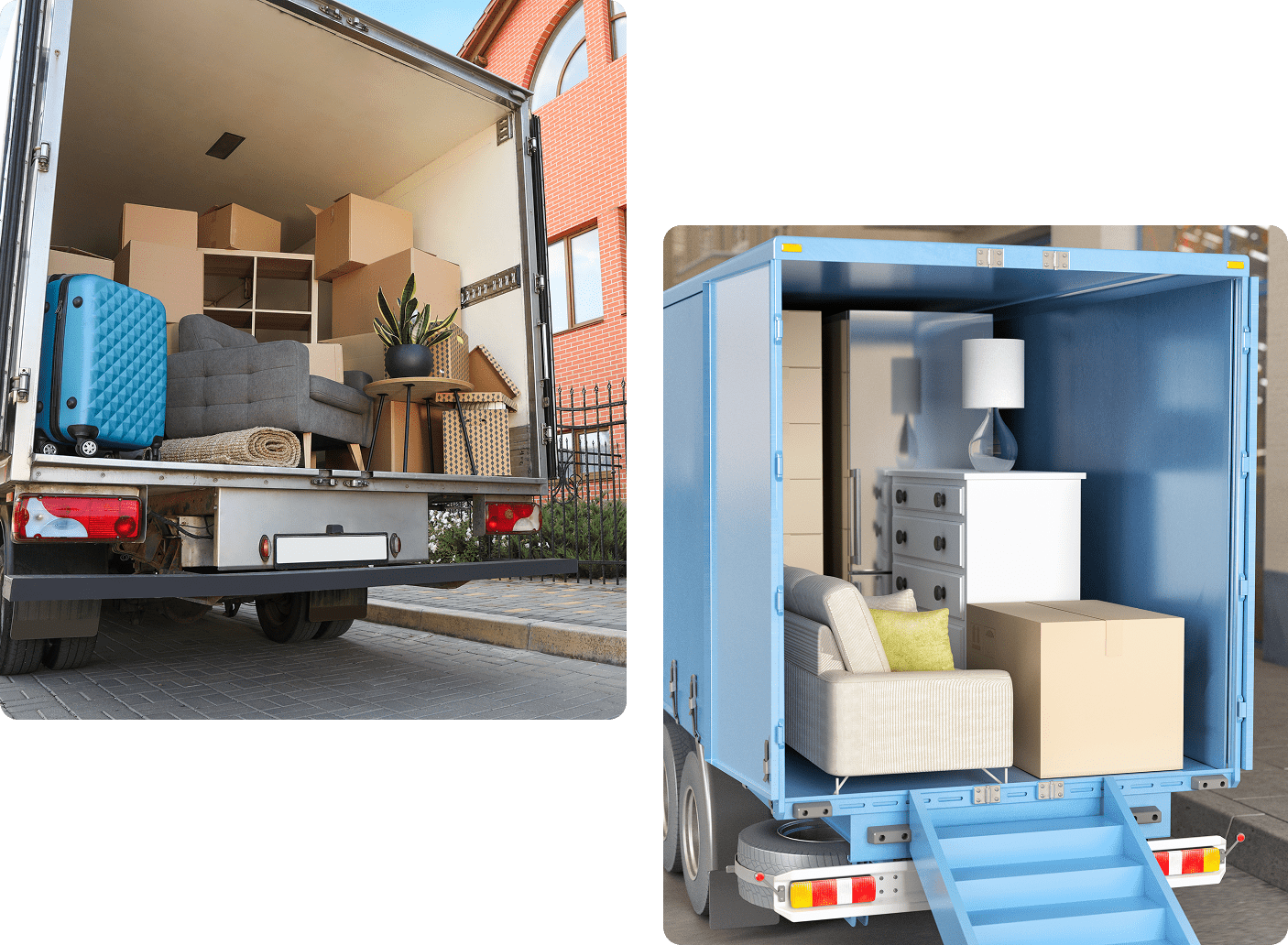 Moving trucks with packed furniture and boxes.