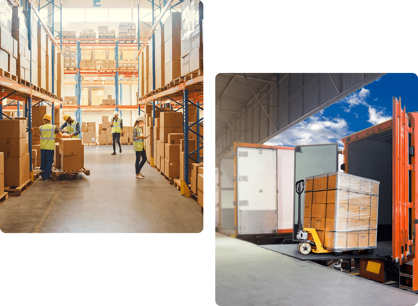 Warehouse workers and truck loading boxes.