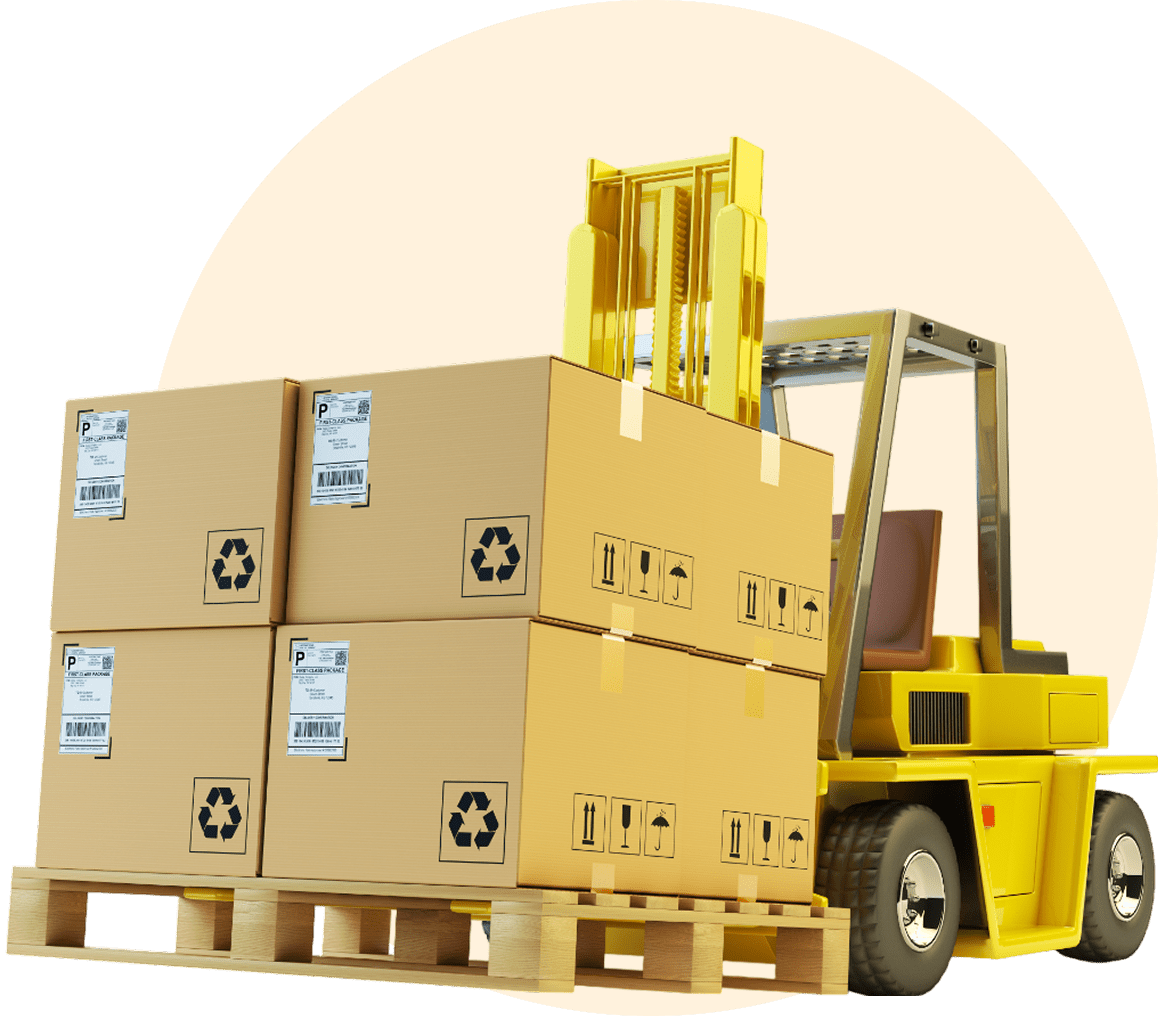 Forklift carrying stacked cardboard boxes.
