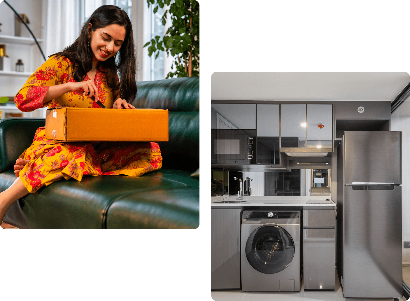 Woman opening package; modern kitchen appliances.